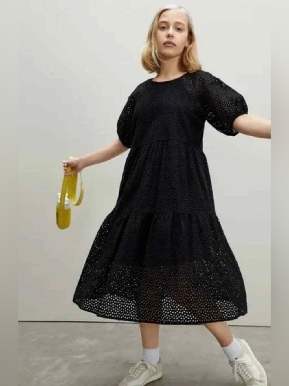 Everlane Tiered Eyelet Black Puff Sleeve Midi Dress XL Farmcore Cottagecore